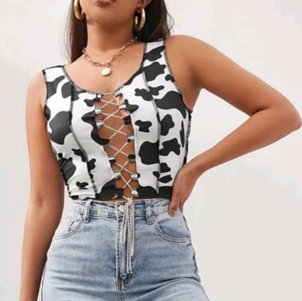 Cow Print Dimond Lace Up Tank